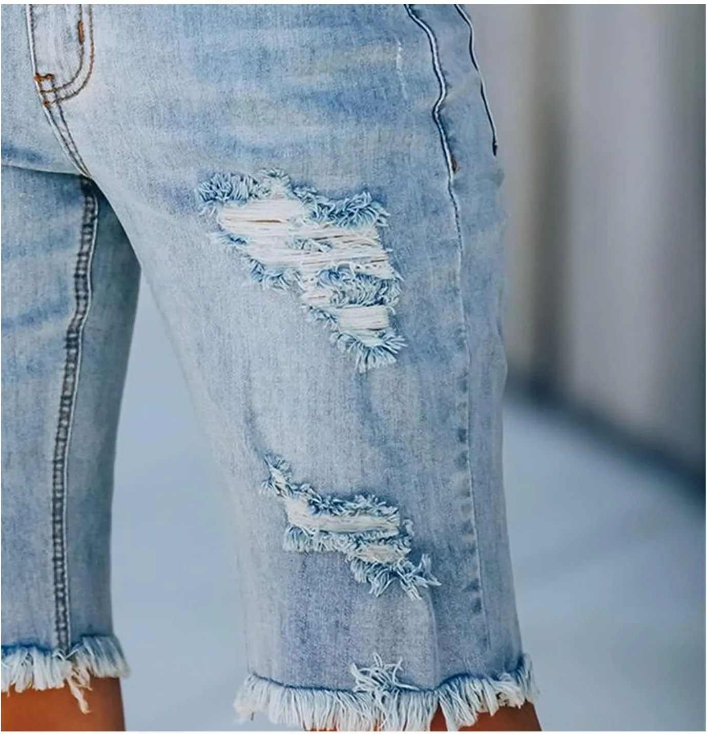 JEKE-DG Women Bermuda Denim Shorts Destroyed Raw Hem Shorts Jeans High Waisted Frayed Stretch Jean Shorts