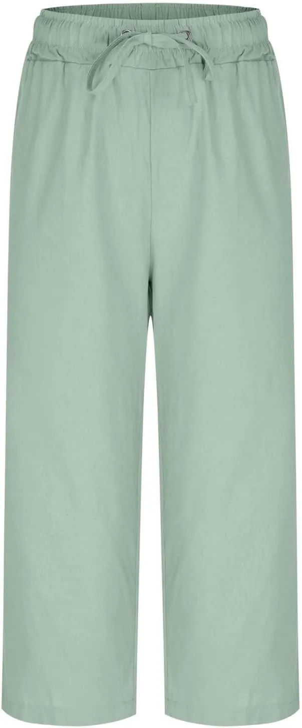 JOAU Capris Pants for Women 2025 Cotton Linen Casual Summer Straight Wide Leg Loose Drawstring Elastic Waist Cropped Trouser