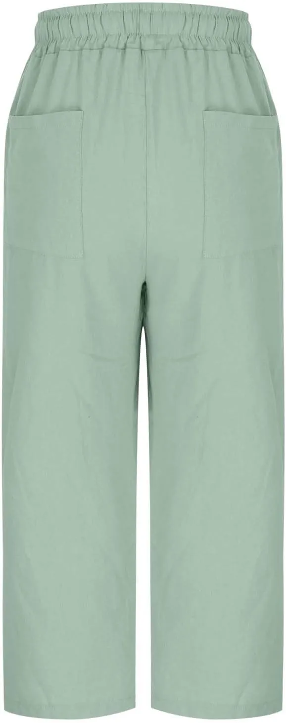 JOAU Capris Pants for Women 2025 Cotton Linen Casual Summer Straight Wide Leg Loose Drawstring Elastic Waist Cropped Trouser