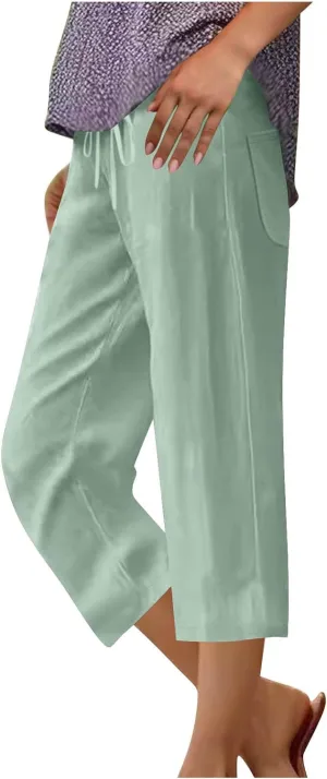 JOAU Capris Pants for Women 2025 Cotton Linen Casual Summer Straight Wide Leg Loose Drawstring Elastic Waist Cropped Trouser