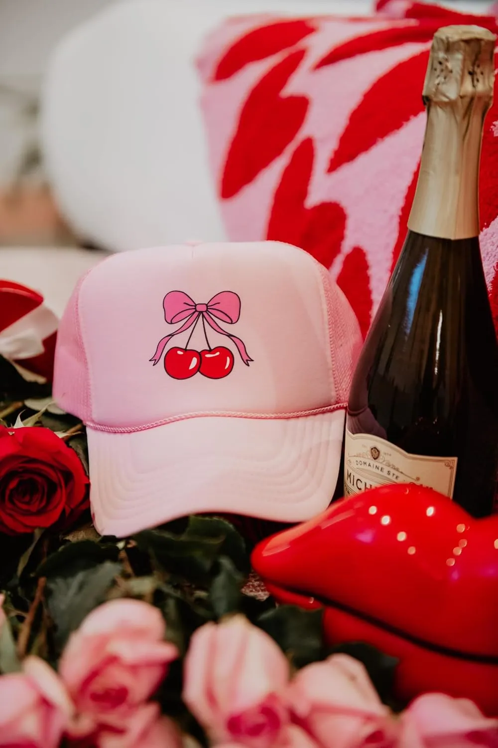 KATYDID Cherry Bow Foam Trucker Hat - Adjustable Trucker Hat with Mesh Netting - Fully Embroidered Trucker Hat for Women