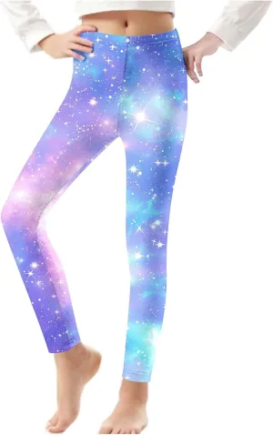 Kids Purple Galaxy Print Leggings Stretchy Comfortable Activewear for Girls Elastic Waistband