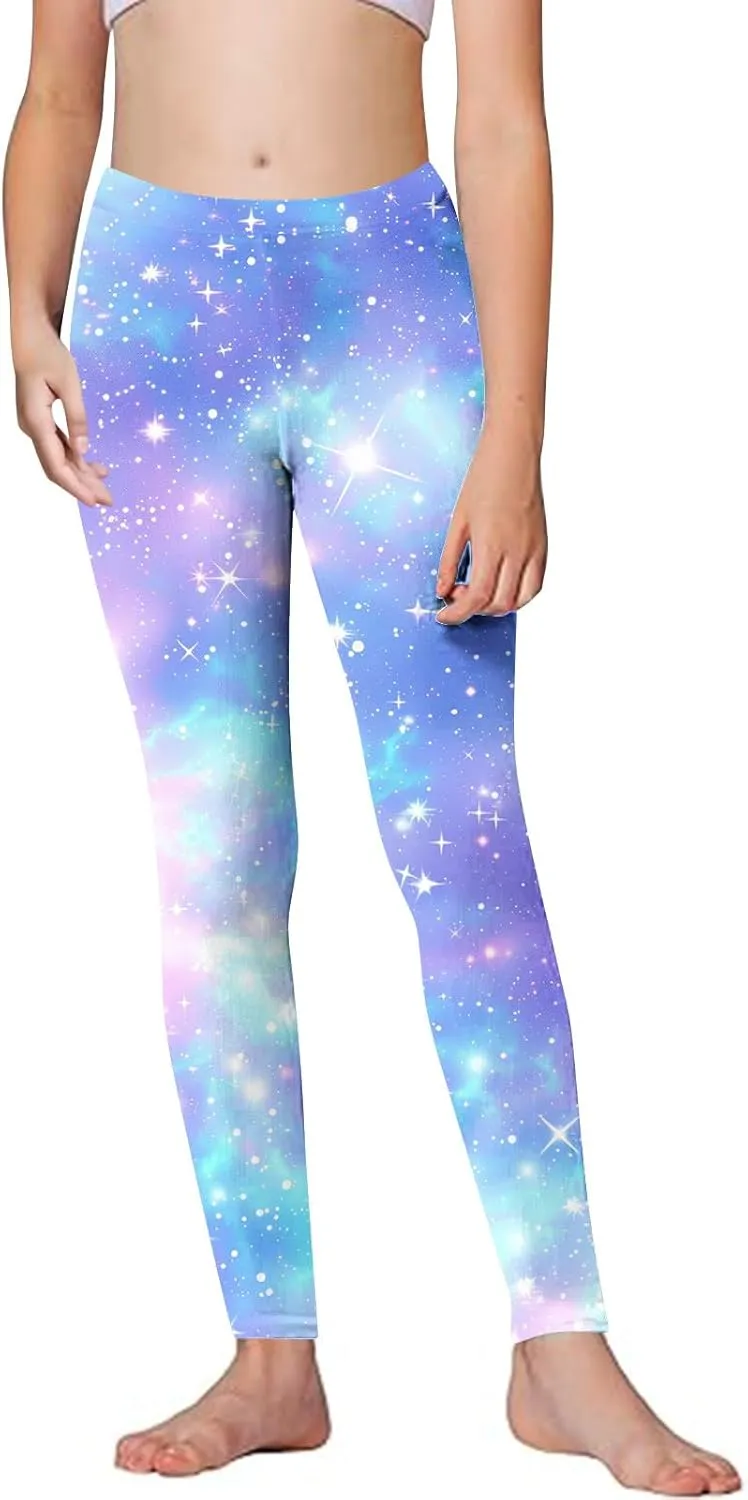 Kids Purple Galaxy Print Leggings Stretchy Comfortable Activewear for Girls Elastic Waistband