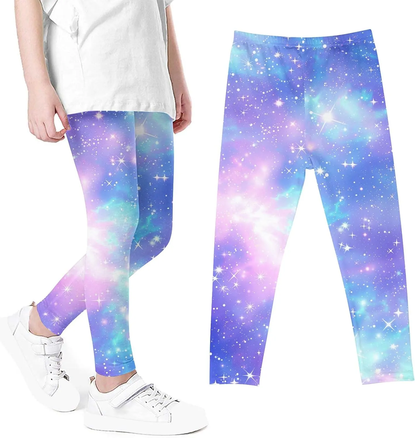 Kids Purple Galaxy Print Leggings Stretchy Comfortable Activewear for Girls Elastic Waistband