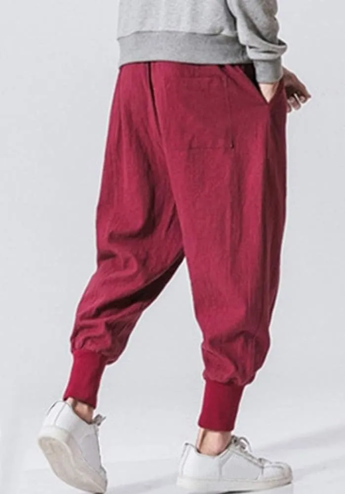 LifeHe Men Linen Drop Crotch Wide Leg Baggy Harem Pants