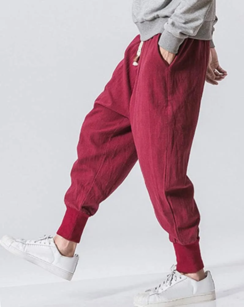 LifeHe Men Linen Drop Crotch Wide Leg Baggy Harem Pants