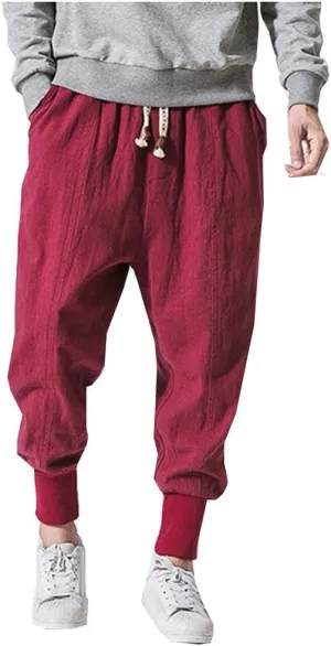 LifeHe Men Linen Drop Crotch Wide Leg Baggy Harem Pants