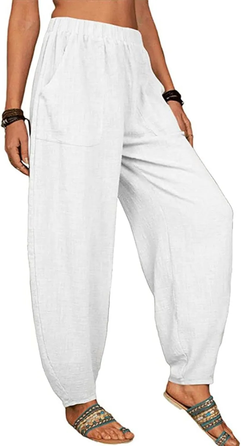 Linen Pants for Women Stretchy Elastic High Waist Tapered Pant Breathable Loose Casual Vacation Harem Pants Trousers