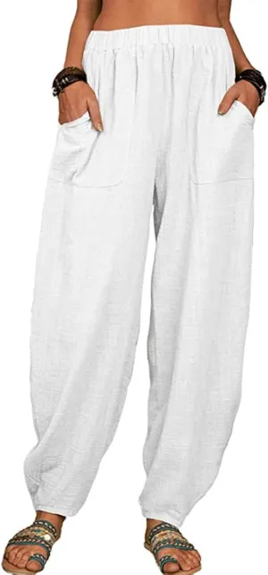 Linen Pants for Women Stretchy Elastic High Waist Tapered Pant Breathable Loose Casual Vacation Harem Pants Trousers