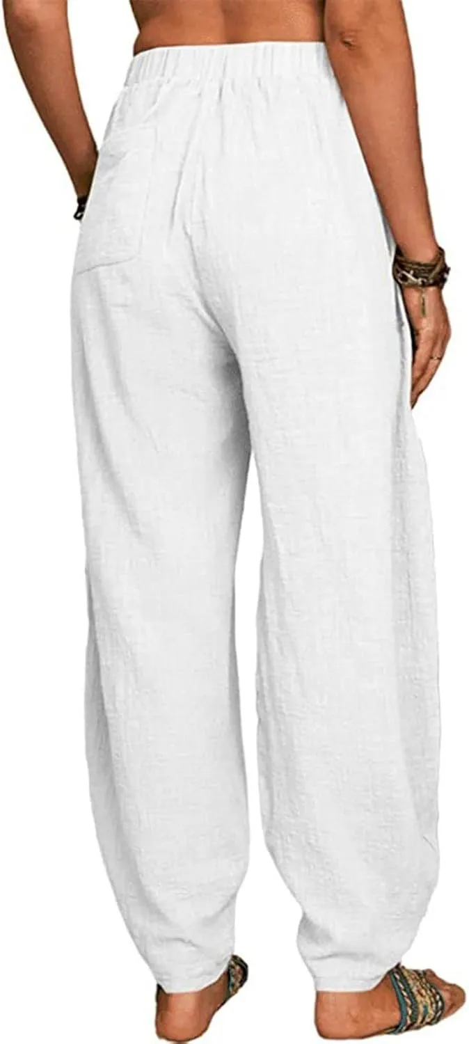 Linen Pants for Women Stretchy Elastic High Waist Tapered Pant Breathable Loose Casual Vacation Harem Pants Trousers