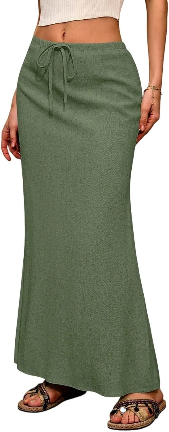 Linen Wrap Maxi Skirts for Women Trendy Summer Boho Long Low Rise Cotton Floor Length Skirt with Side Pockets