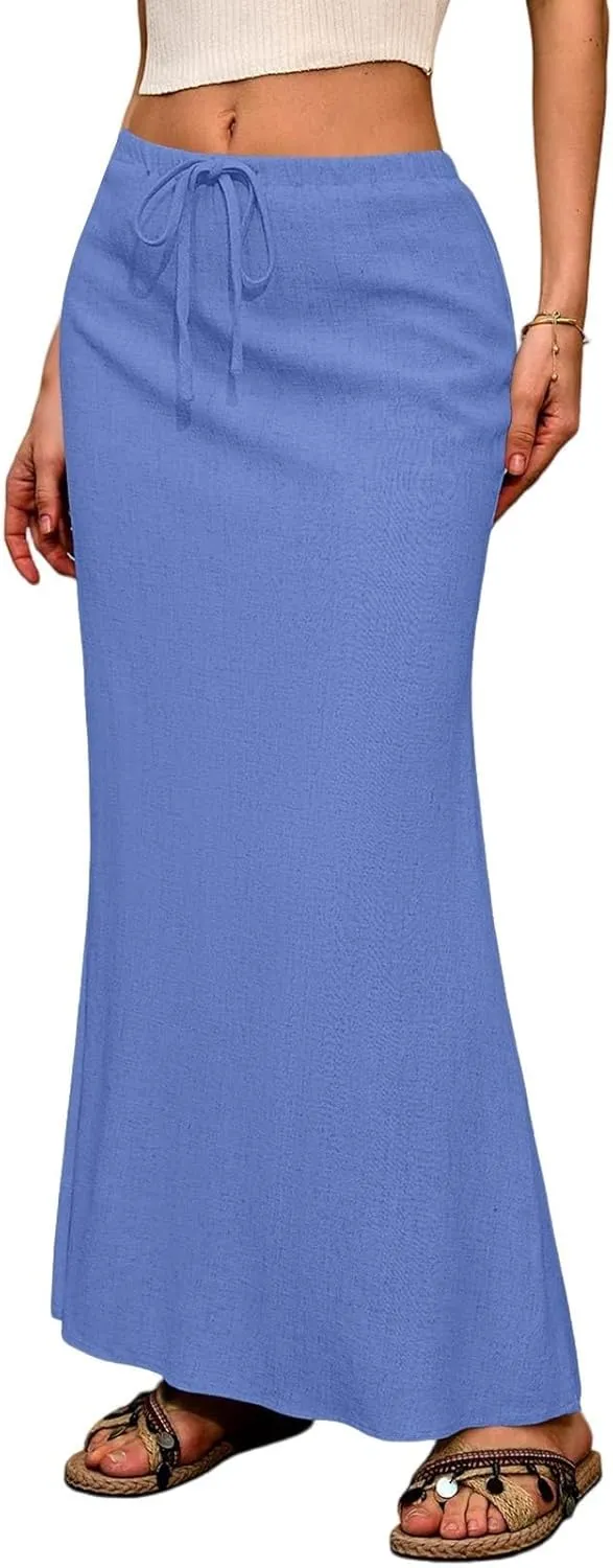 Linen Wrap Maxi Skirts for Women Trendy Summer Boho Long Low Rise Cotton Floor Length Skirt with Side Pockets