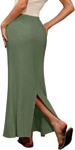 Linen Wrap Maxi Skirts for Women Trendy Summer Boho Long Low Rise Cotton Floor Length Skirt with Side Pockets