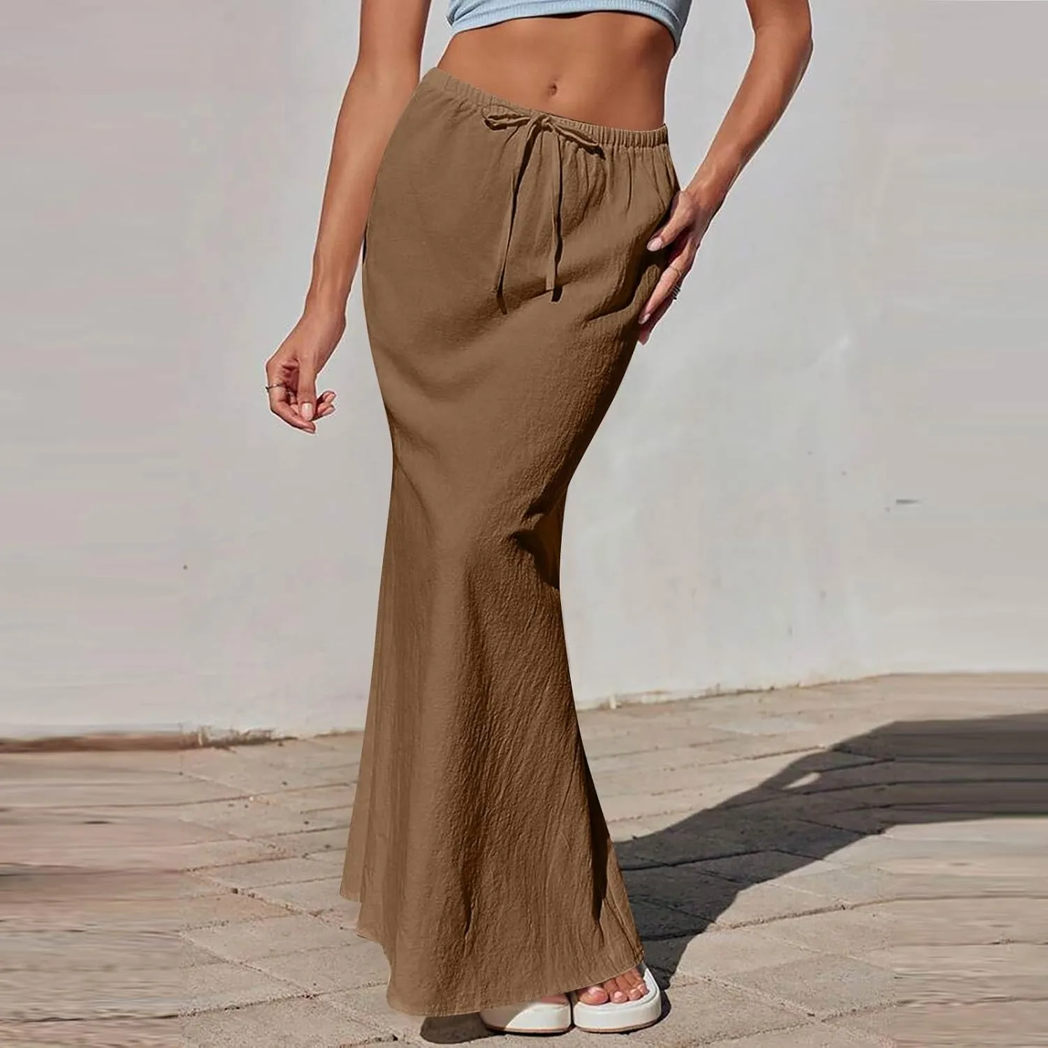 Linen Wrap Maxi Skirts for Women Trendy Summer Boho Long Low Rise Cotton Floor Length Skirt with Side Pockets