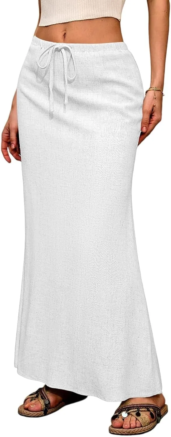 Linen Wrap Maxi Skirts for Women Trendy Summer Boho Long Low Rise Cotton Floor Length Skirt with Side Pockets