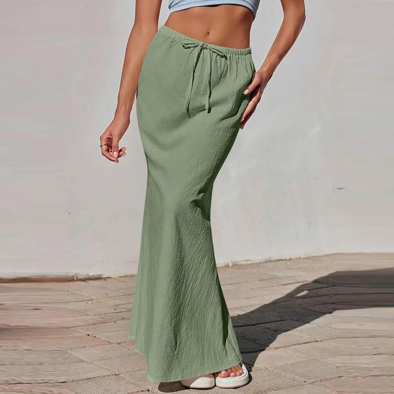 Linen Wrap Maxi Skirts for Women Trendy Summer Boho Long Low Rise Cotton Floor Length Skirt with Side Pockets