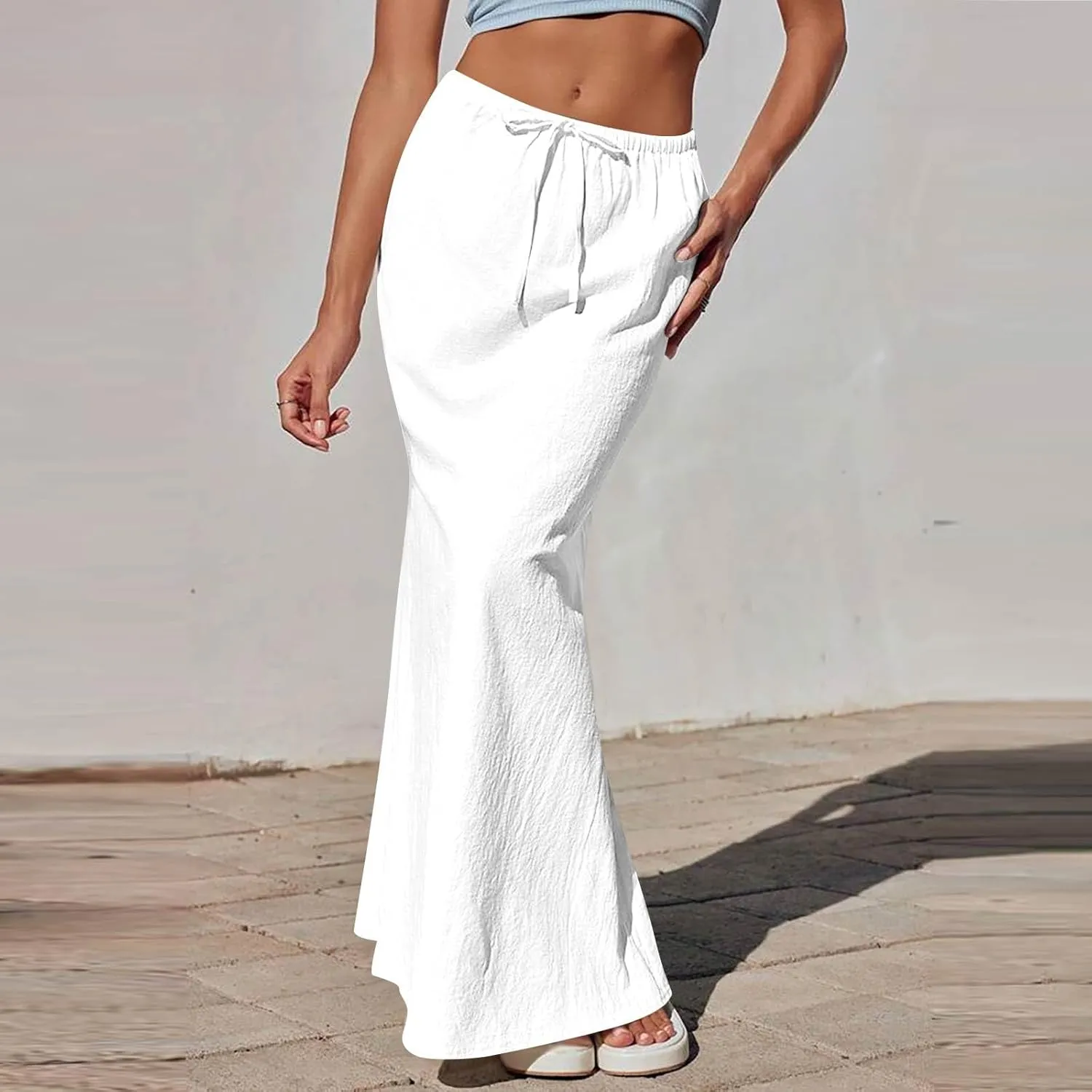 Linen Wrap Maxi Skirts for Women Trendy Summer Boho Long Low Rise Cotton Floor Length Skirt with Side Pockets