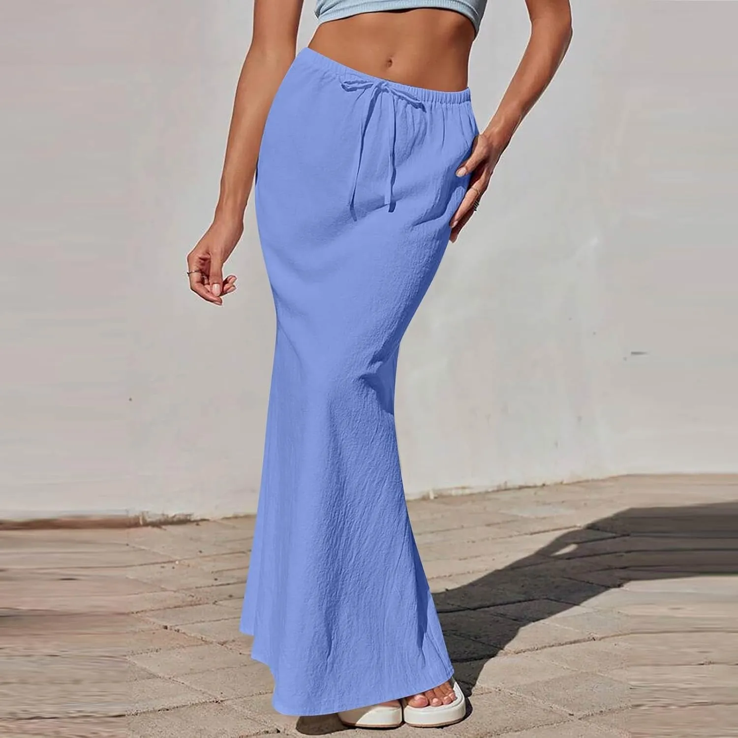 Linen Wrap Maxi Skirts for Women Trendy Summer Boho Long Low Rise Cotton Floor Length Skirt with Side Pockets