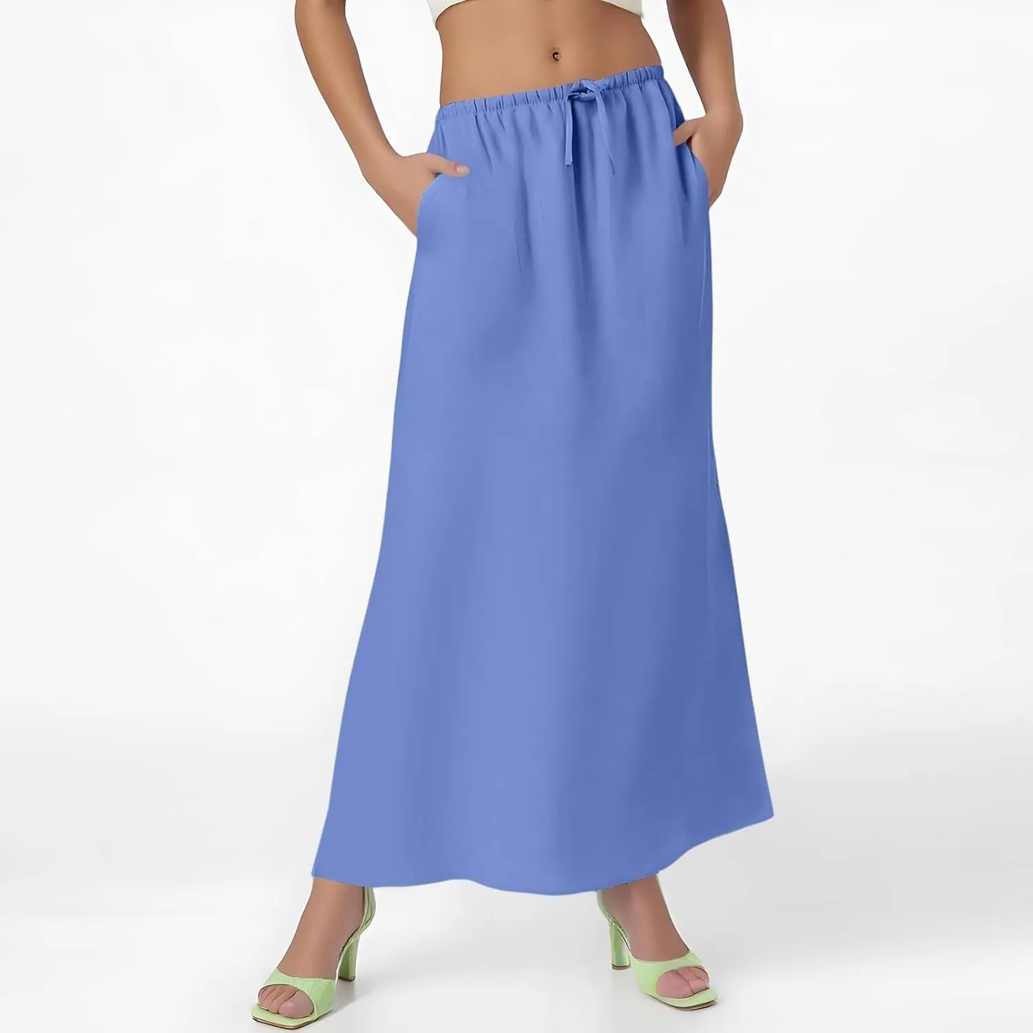 Linen Wrap Maxi Skirts for Women Trendy Summer Boho Long Low Rise Cotton Floor Length Skirt with Side Pockets