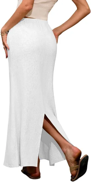 Linen Wrap Maxi Skirts for Women Trendy Summer Boho Long Low Rise Cotton Floor Length Skirt with Side Pockets