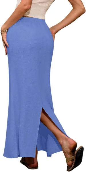 Linen Wrap Maxi Skirts for Women Trendy Summer Boho Long Low Rise Cotton Floor Length Skirt with Side Pockets