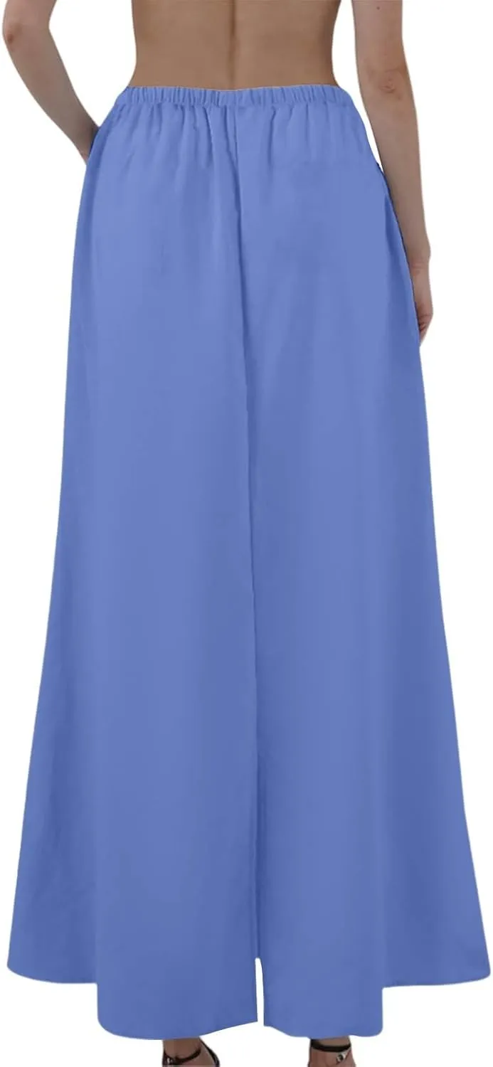 Linen Wrap Maxi Skirts for Women Trendy Summer Boho Long Low Rise Cotton Floor Length Skirt with Side Pockets
