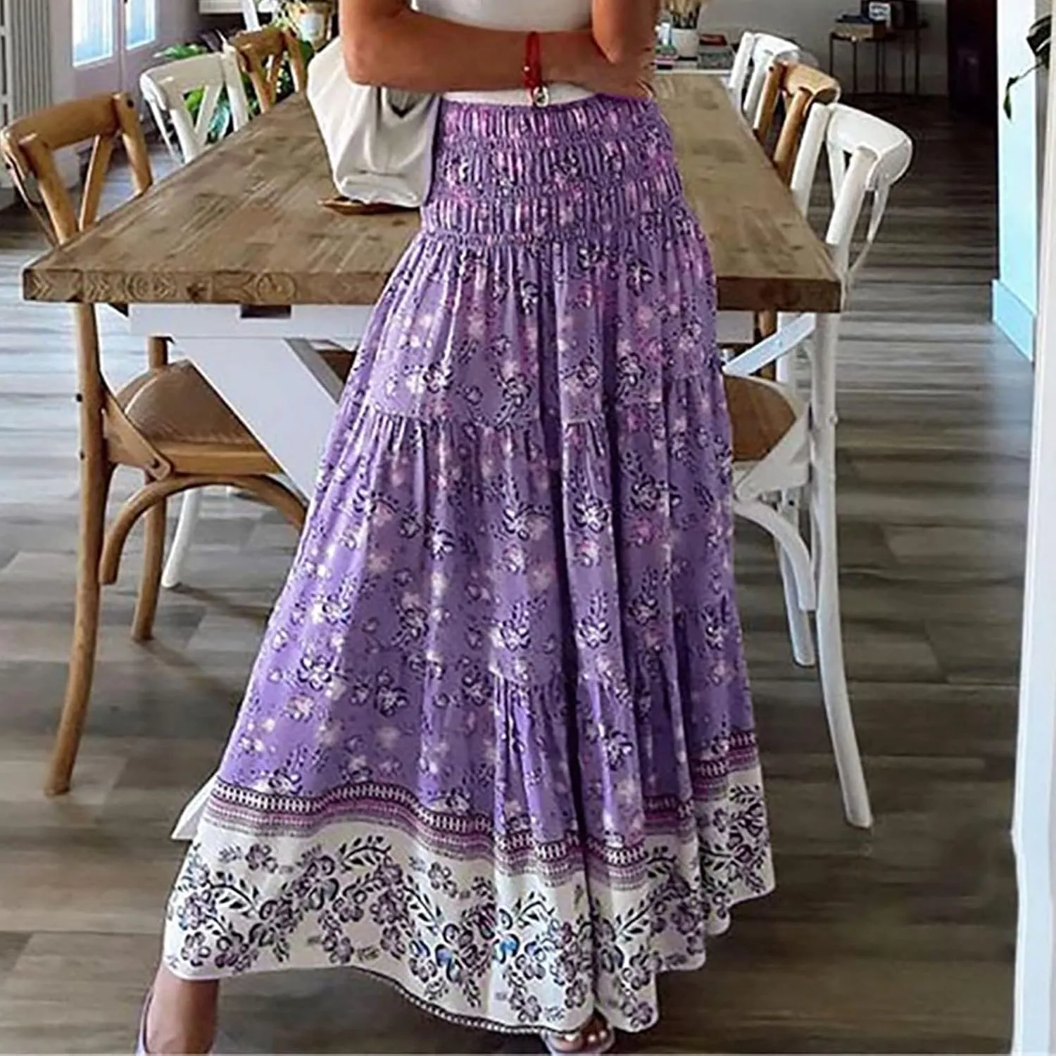 Long Boho Skirts for Women Summer Tiered Floral Maxi Skirt Elastic High Waisted A Line Skirt Pleated Flowy Beach Skirts