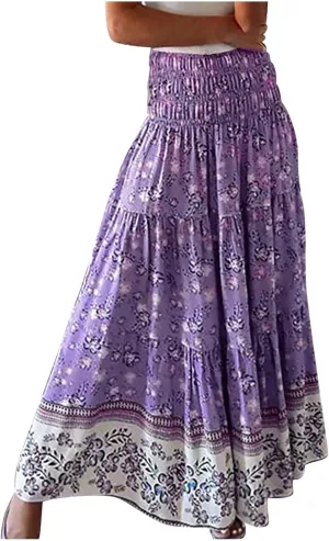 Long Boho Skirts for Women Summer Tiered Floral Maxi Skirt Elastic High Waisted A Line Skirt Pleated Flowy Beach Skirts