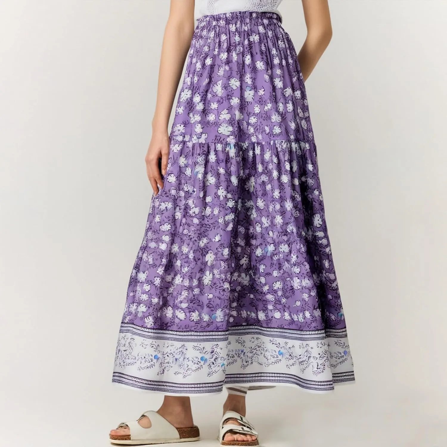 Long Boho Skirts for Women Summer Tiered Floral Maxi Skirt Elastic High Waisted A Line Skirt Pleated Flowy Beach Skirts