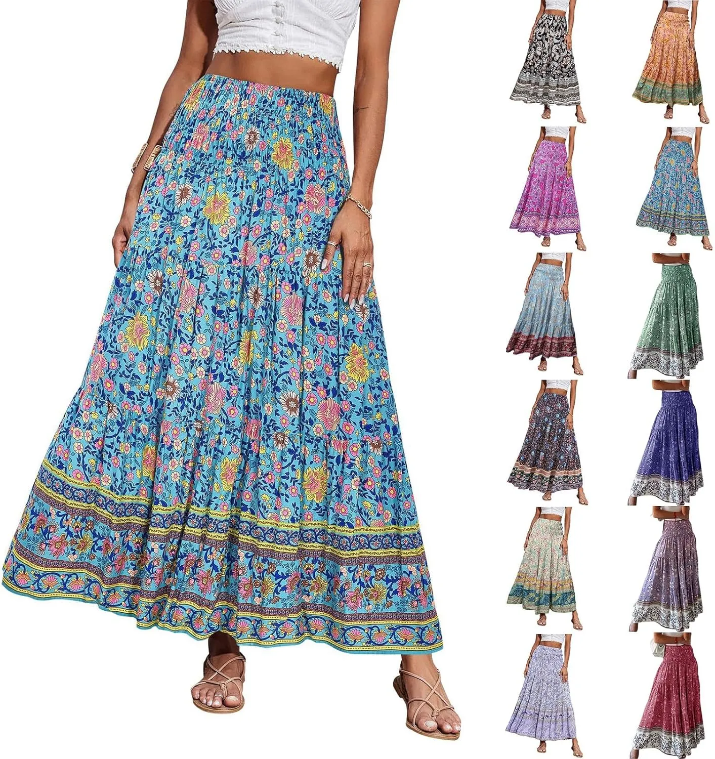 Long Boho Skirts for Women Summer Tiered Floral Maxi Skirt Elastic High Waisted A Line Skirt Pleated Flowy Beach Skirts
