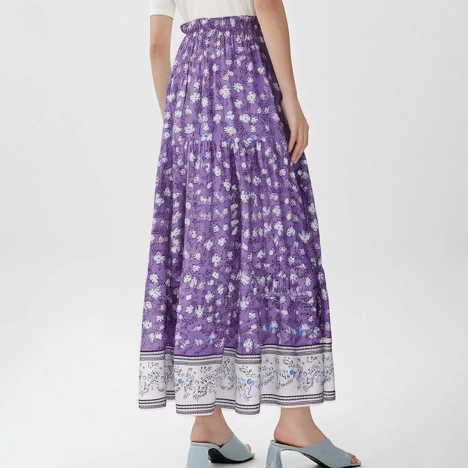 Long Boho Skirts for Women Summer Tiered Floral Maxi Skirt Elastic High Waisted A Line Skirt Pleated Flowy Beach Skirts
