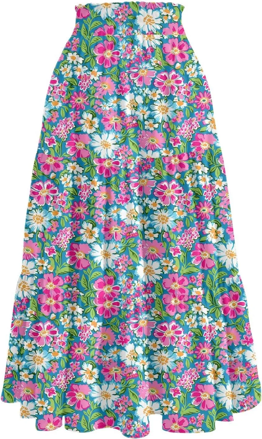 Long Floral Skirts for Women Trendy Going Out Casual Peasant Floral Travel Flowy Country Elastic Waist Beach Flutter Skirts