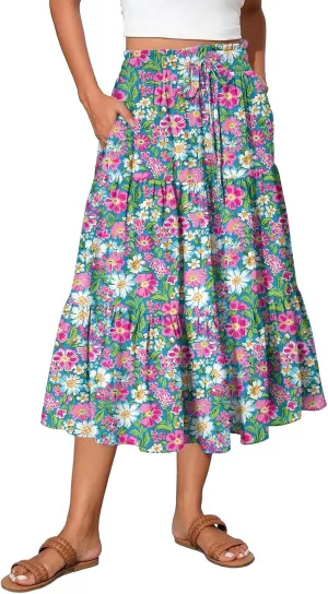 Long Floral Skirts for Women Trendy Going Out Casual Peasant Floral Travel Flowy Country Elastic Waist Beach Flutter Skirts