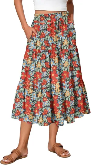 Long Floral Skirts for Women Trendy Going Out Casual Peasant Floral Travel Flowy Country Elastic Waist Beach Flutter Skirts