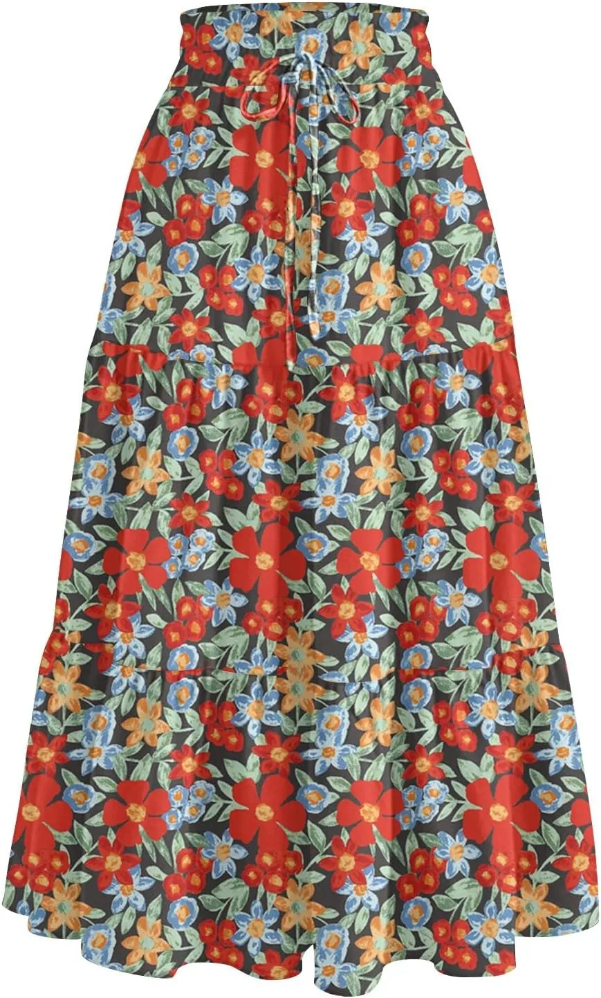 Long Floral Skirts for Women Trendy Going Out Casual Peasant Floral Travel Flowy Country Elastic Waist Beach Flutter Skirts