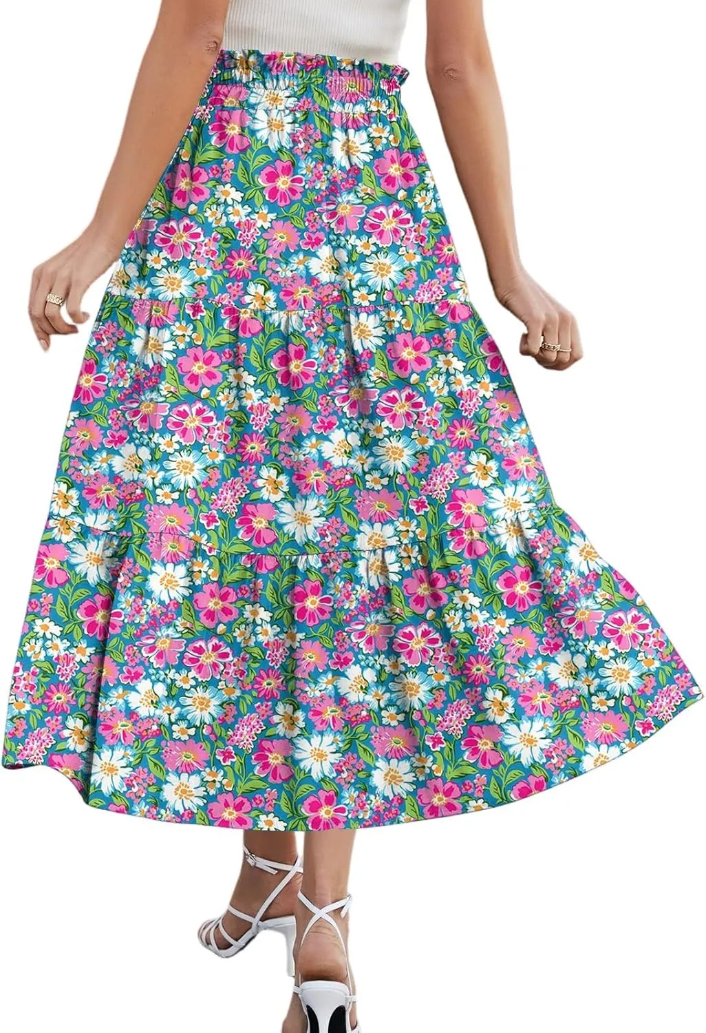 Long Floral Skirts for Women Trendy Going Out Casual Peasant Floral Travel Flowy Country Elastic Waist Beach Flutter Skirts