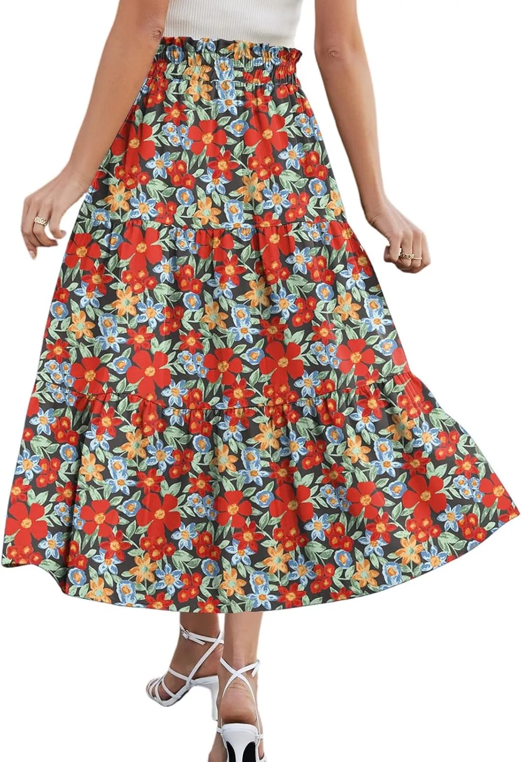 Long Floral Skirts for Women Trendy Going Out Casual Peasant Floral Travel Flowy Country Elastic Waist Beach Flutter Skirts
