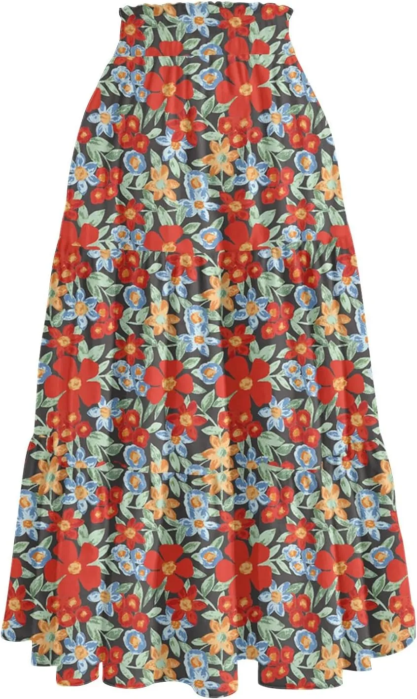 Long Floral Skirts for Women Trendy Going Out Casual Peasant Floral Travel Flowy Country Elastic Waist Beach Flutter Skirts