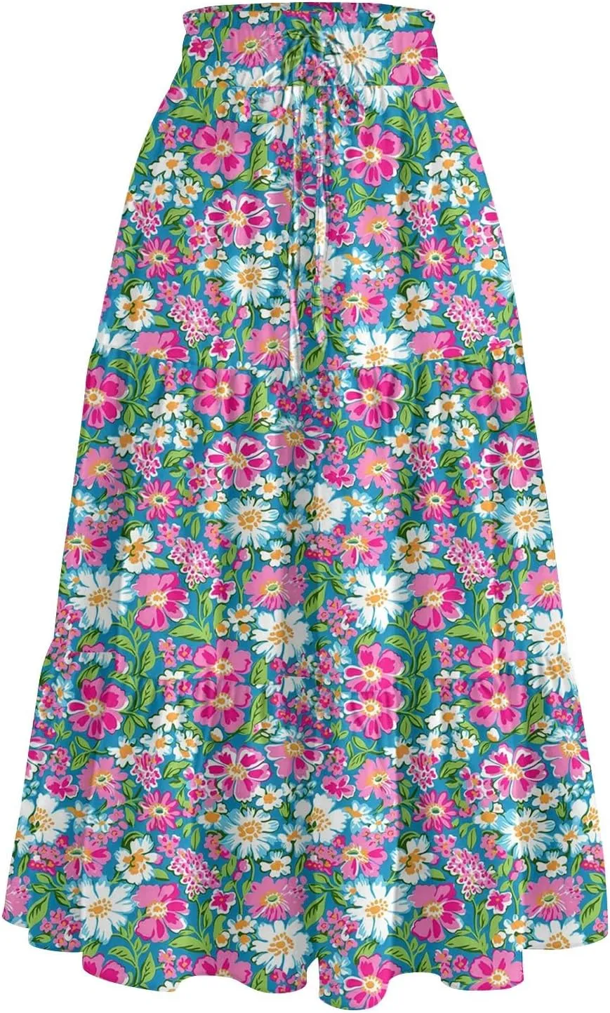 Long Floral Skirts for Women Trendy Going Out Casual Peasant Floral Travel Flowy Country Elastic Waist Beach Flutter Skirts