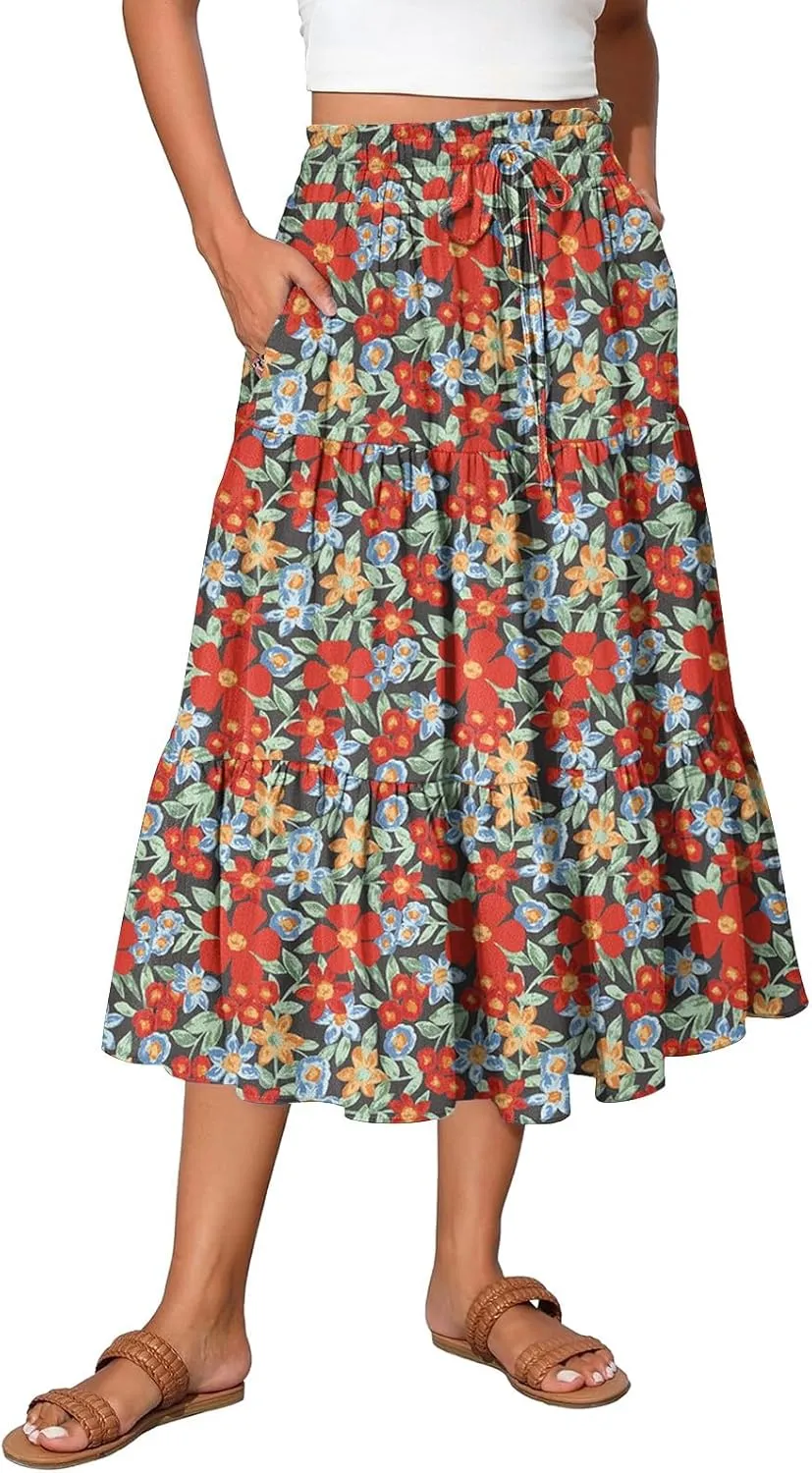 Long Floral Skirts for Women Trendy Going Out Casual Peasant Floral Travel Flowy Country Elastic Waist Beach Flutter Skirts