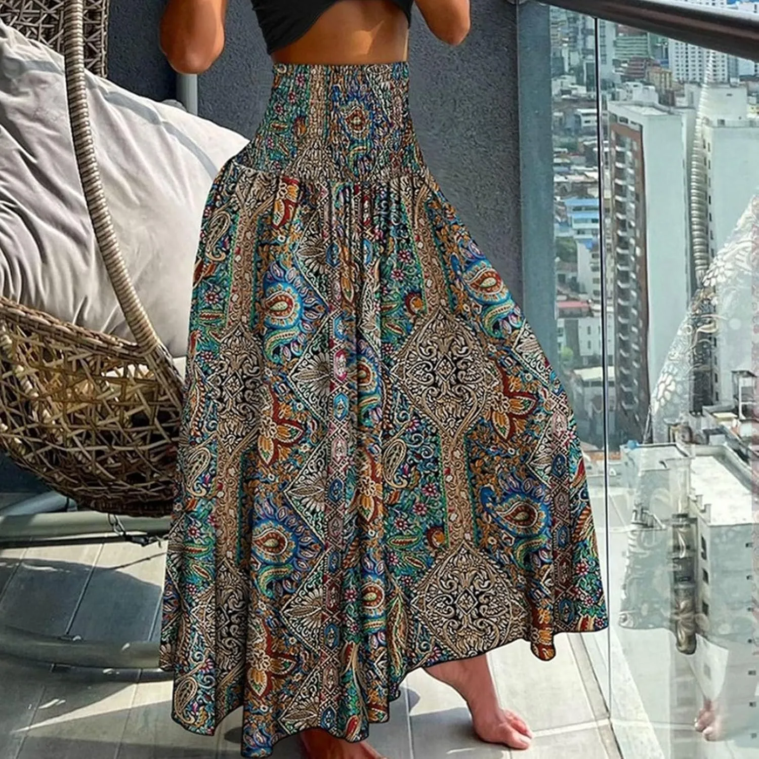 Long Skirts for Women Summer Bohemian Lace Up Floral Print Flowy Long Skirt Beach Casual Maxi Skorts Vacation