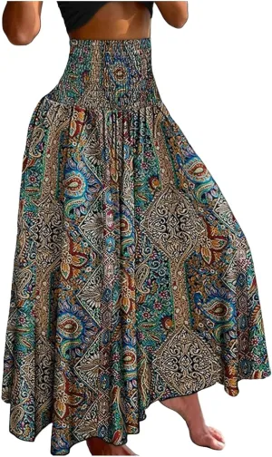 Long Skirts for Women Summer Bohemian Lace Up Floral Print Flowy Long Skirt Beach Casual Maxi Skorts Vacation