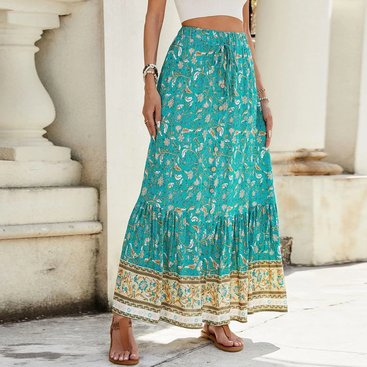 Long Skirts for Women,Elastic Waist Flowy Maxi Skirts 2025 Trendy Easter Boho Skirt Spring Summer Beach Vacation