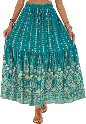 Long Skirts for Women,Elastic Waist Flowy Maxi Skirts 2025 Trendy Easter Boho Skirt Spring Summer Beach Vacation