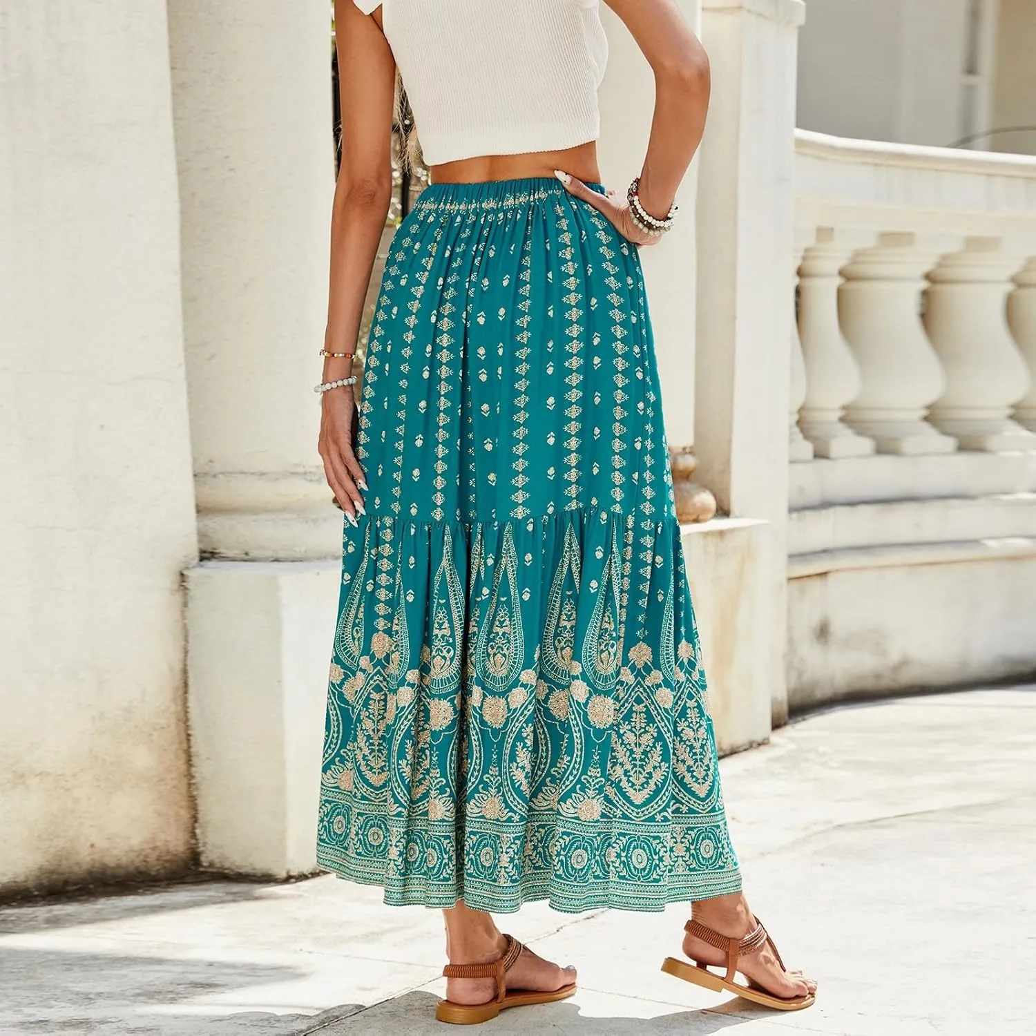 Long Skirts for Women,Elastic Waist Flowy Maxi Skirts 2025 Trendy Easter Boho Skirt Spring Summer Beach Vacation