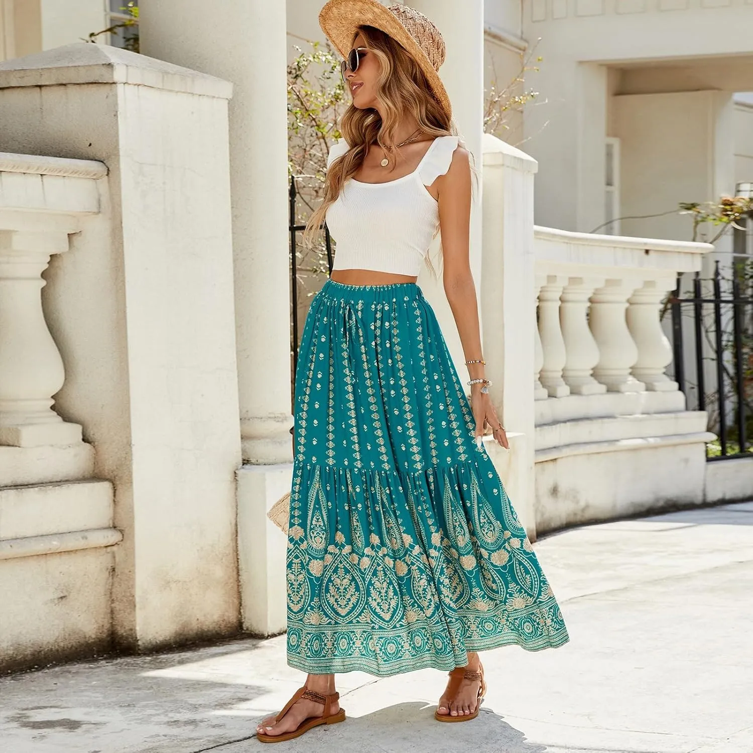 Long Skirts for Women,Elastic Waist Flowy Maxi Skirts 2025 Trendy Easter Boho Skirt Spring Summer Beach Vacation
