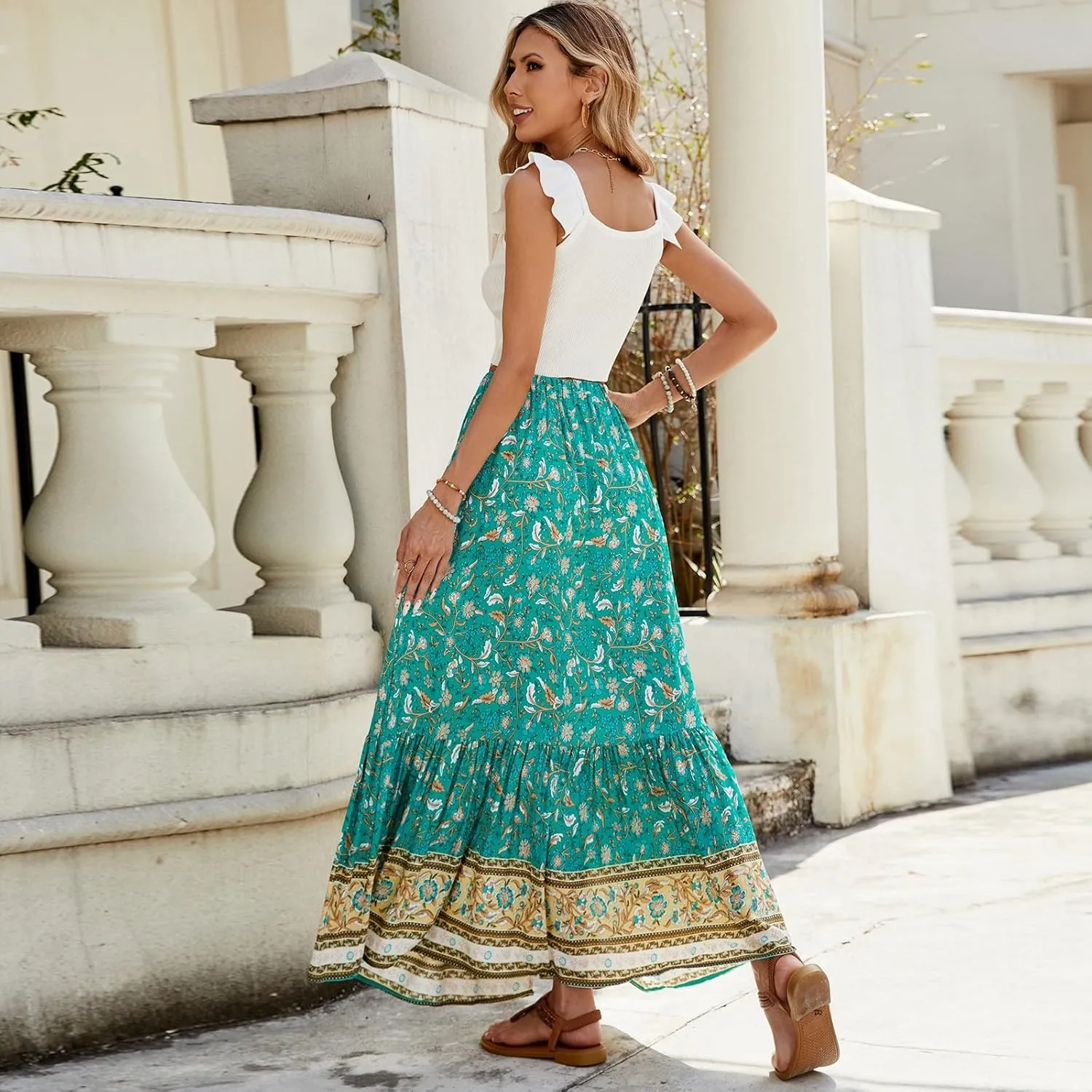 Long Skirts for Women,Elastic Waist Flowy Maxi Skirts 2025 Trendy Easter Boho Skirt Spring Summer Beach Vacation