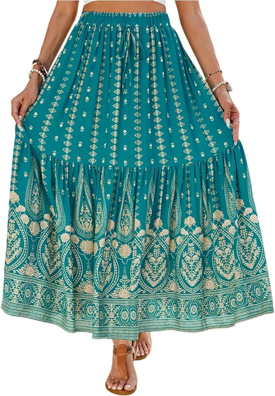 Long Skirts for Women,Elastic Waist Flowy Maxi Skirts 2025 Trendy Easter Boho Skirt Spring Summer Beach Vacation