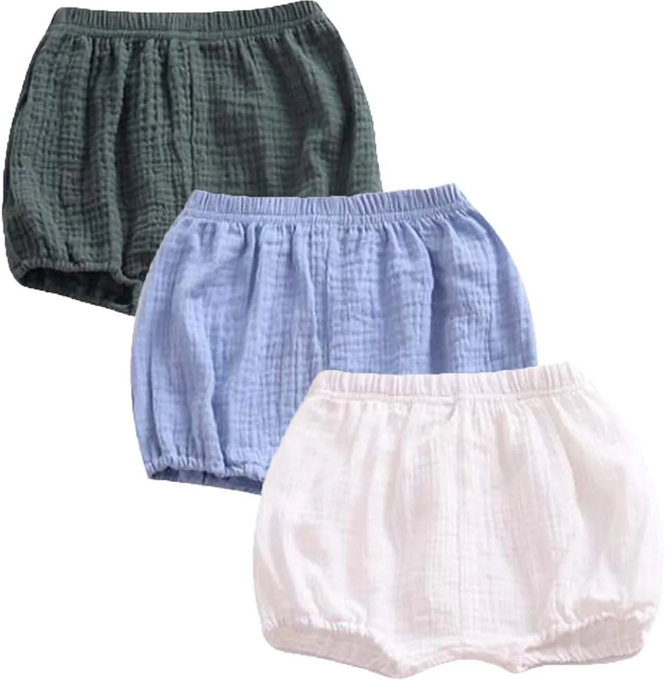 LOOLY Unisex Baby Girls Boys 3 Pack Cotton Linen Blend Bloomer Shorts