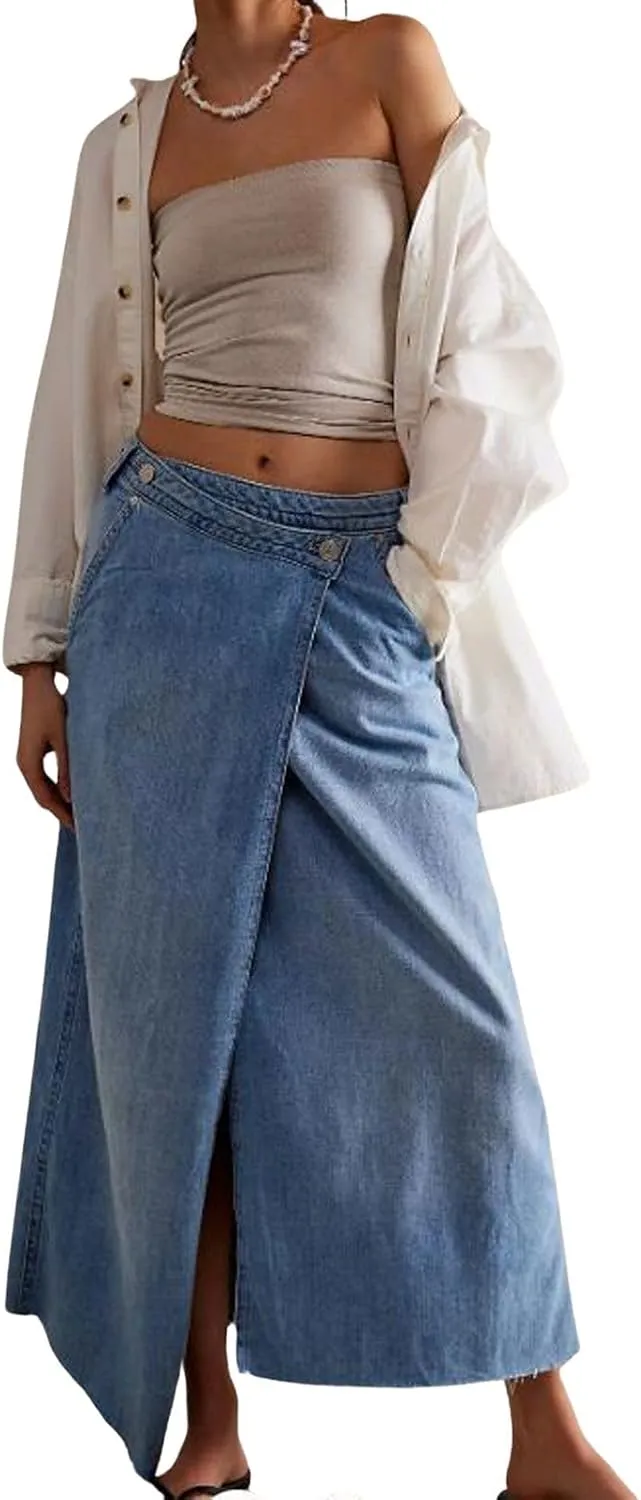loveimgs Women Long Denim Skirt Wrap Blue Jean Maxi Skirt Mid Rise Flared A Line Skirt with Pockets Asymmetrical Skirts